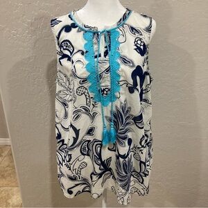 Talbots Petite Blue and White Floral 100% Cotton Sleeveless Top Size XL